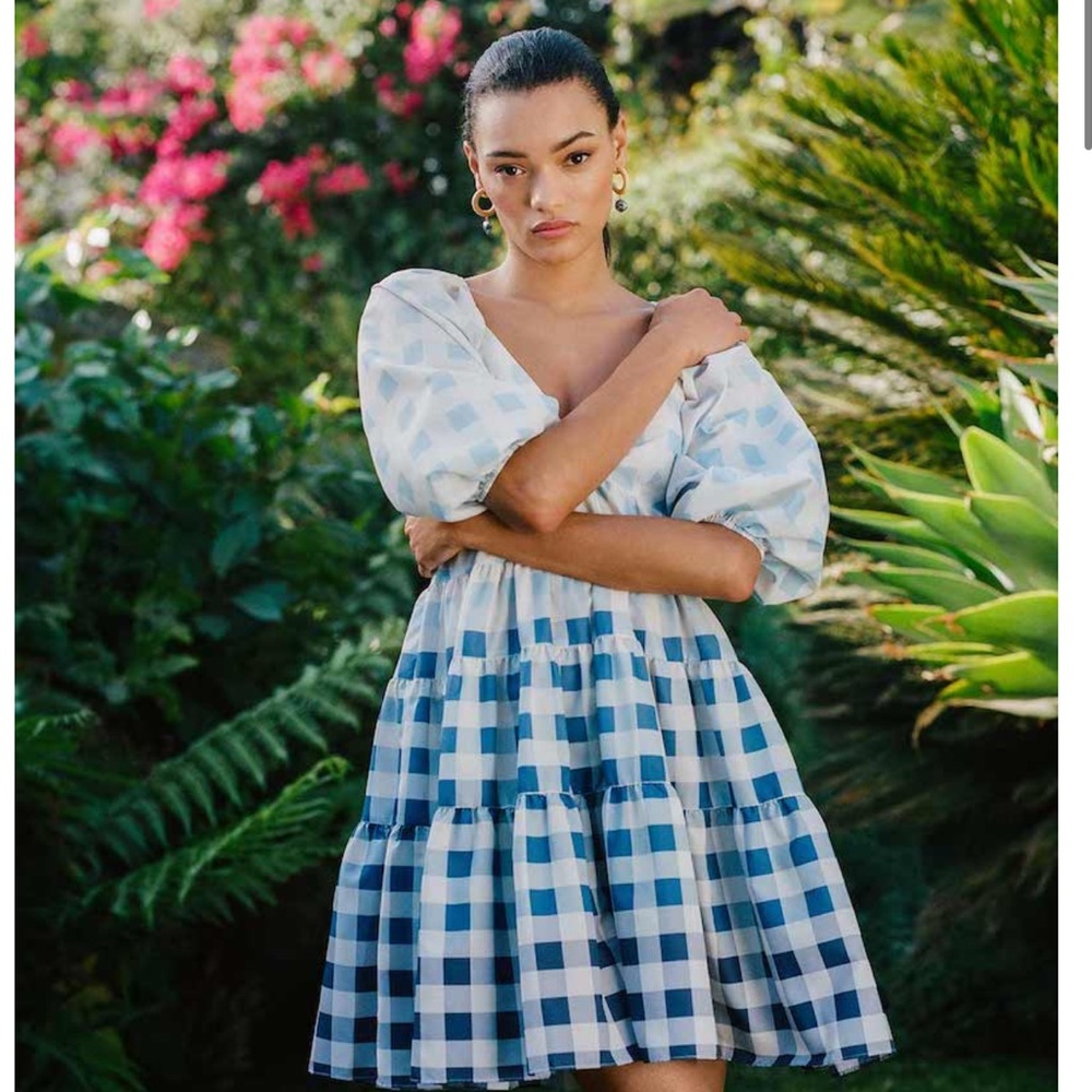 STAUD Blue and White Gingham Mini Dress
